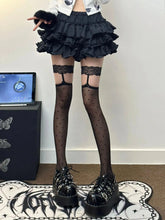 Black Thigh High Socks with Garter - Polka Dot & Diamond Pattern - KawaSocks